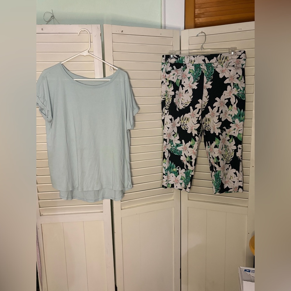 Two piece outfit including Time and Tru cropped pants and a Catos tee